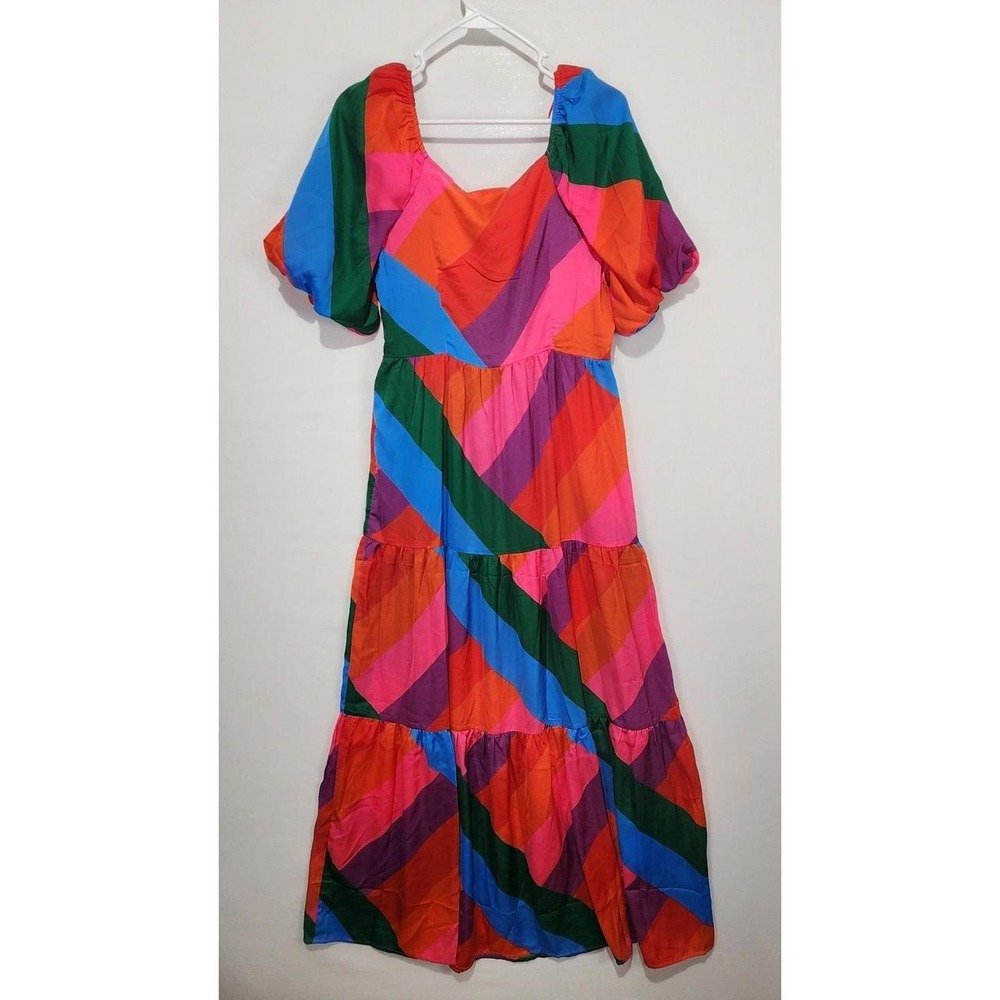 Skies Are Blue Women's M Multicolor Striped Tiered Maxi Dress Puff Sleeve NWT - Picture 7 of 7
